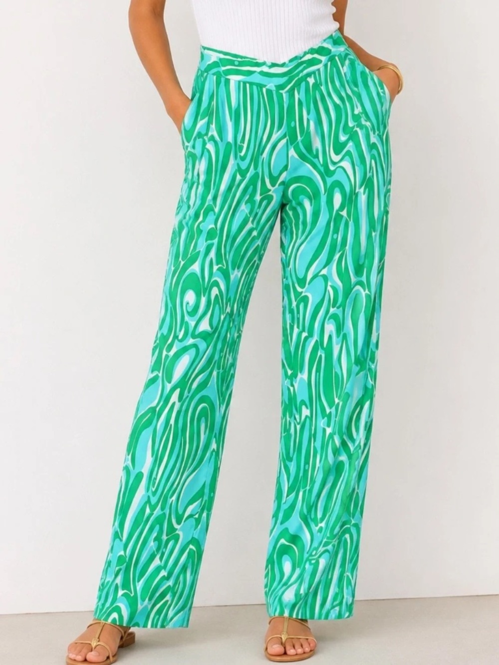 Lilly Pulitzer Green Turquoise Swirl Modal Tencel Wide Leg Beach Pants Large
